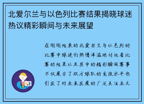 北爱尔兰与以色列比赛结果揭晓球迷热议精彩瞬间与未来展望